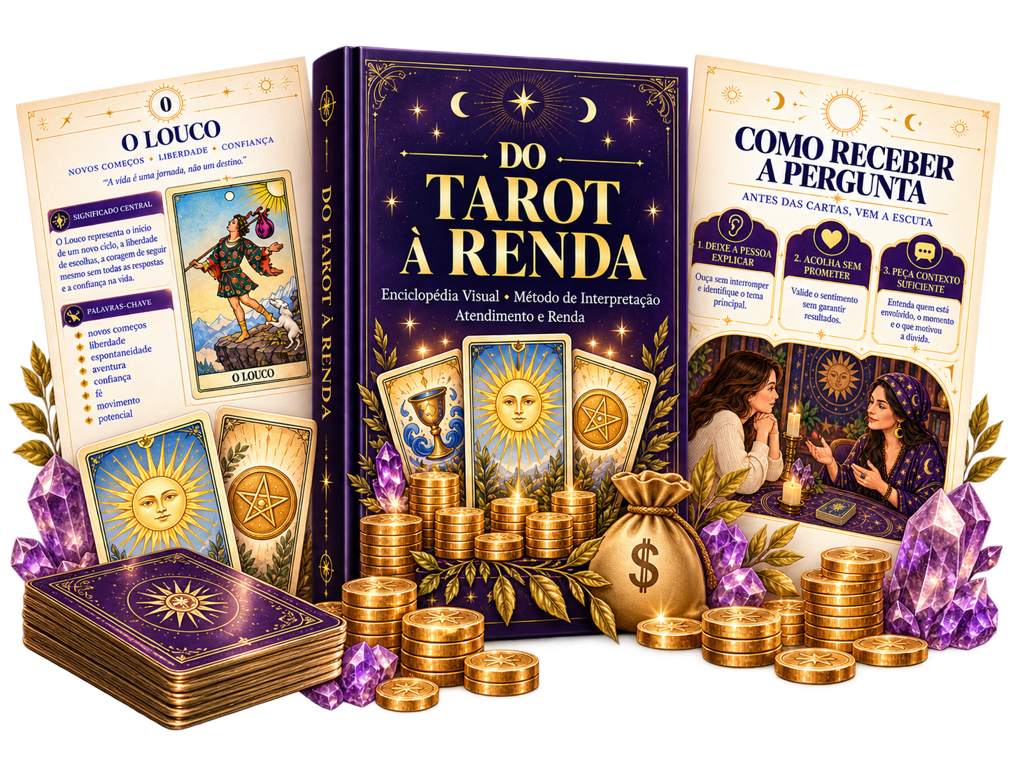 Mockup do método Do Tarot à Renda com enciclopédia visual, cartas e materiais de interpretação